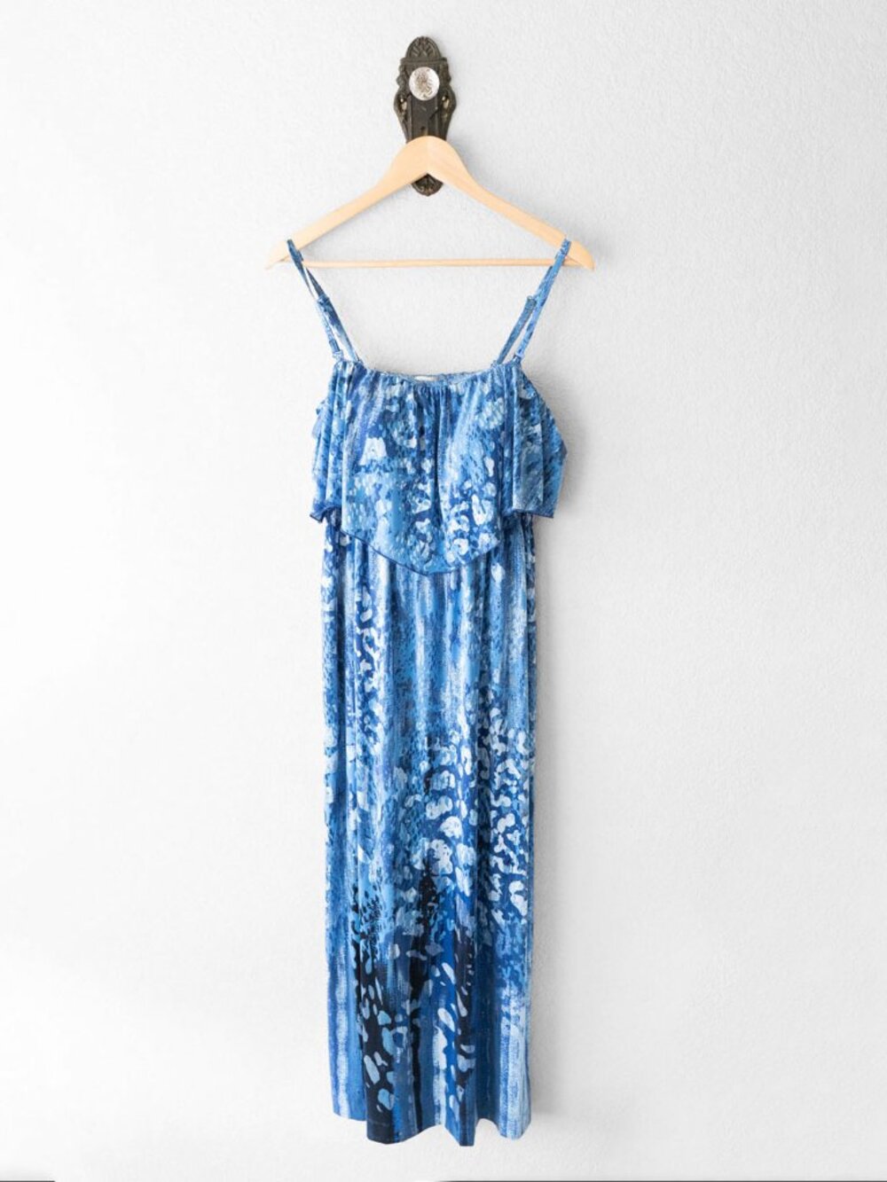 Soma Flounce Bandeau Maxi Dress Womens XL Waterfall Blue Abstract Strapless - Picture 2 of 13